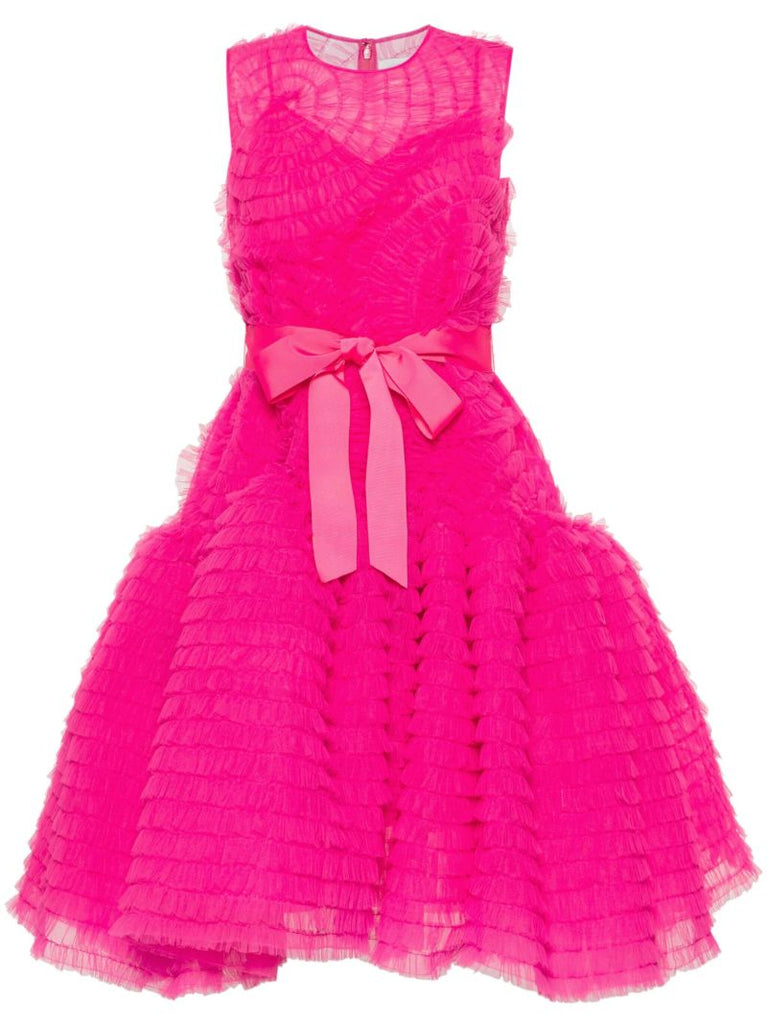 Pink Ruffled Tulle Midi Dress