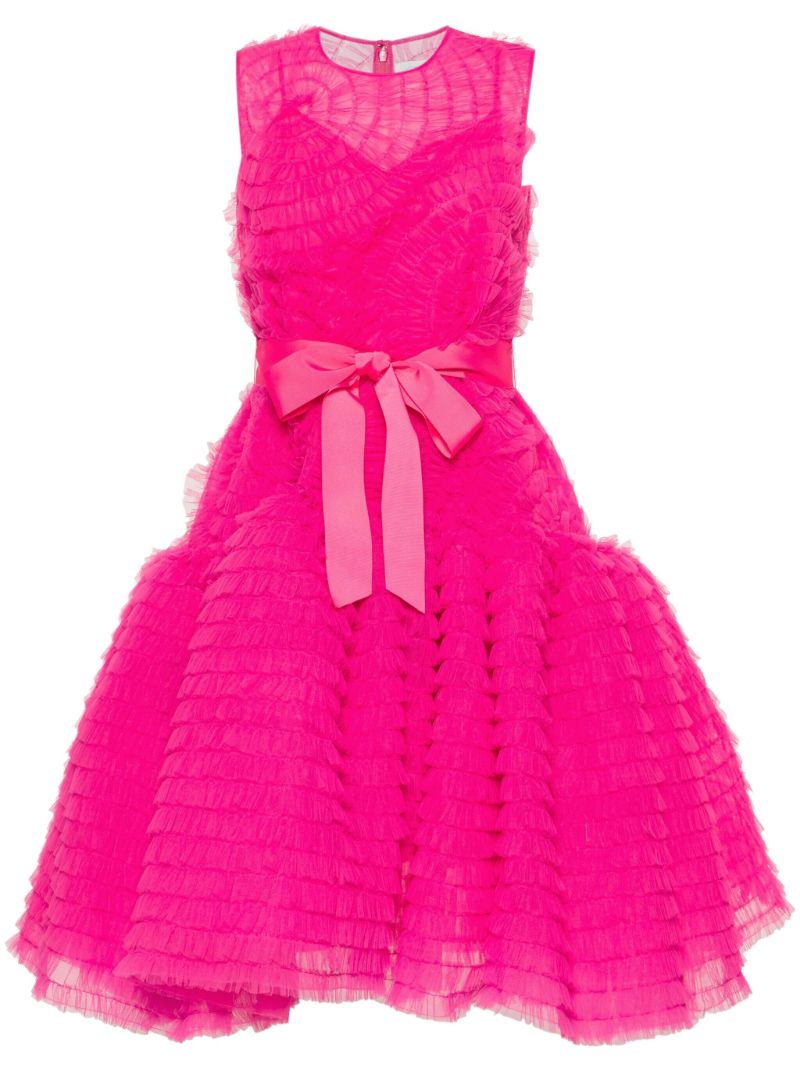 Pink Ruffled Tulle Midi Dress