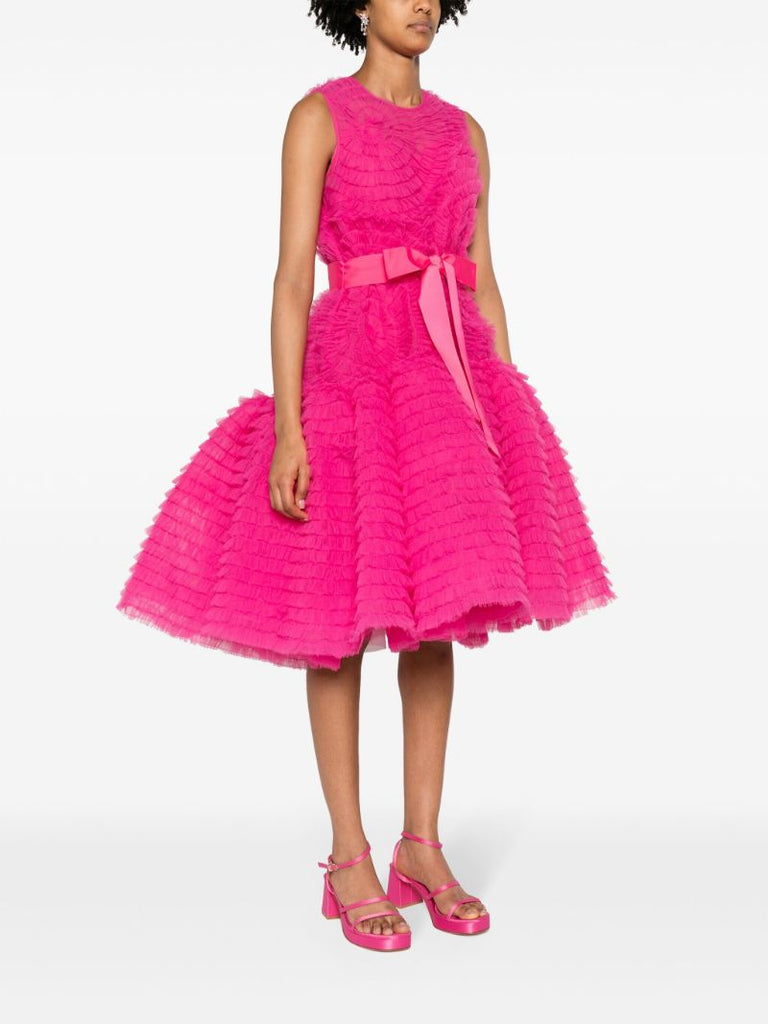 Pink Ruffled Tulle Midi Dress