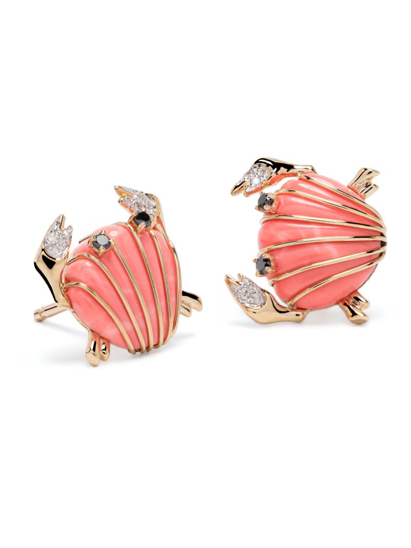 9k Yellow Gold Crabe Coquillage Coral and Diamond Earrings