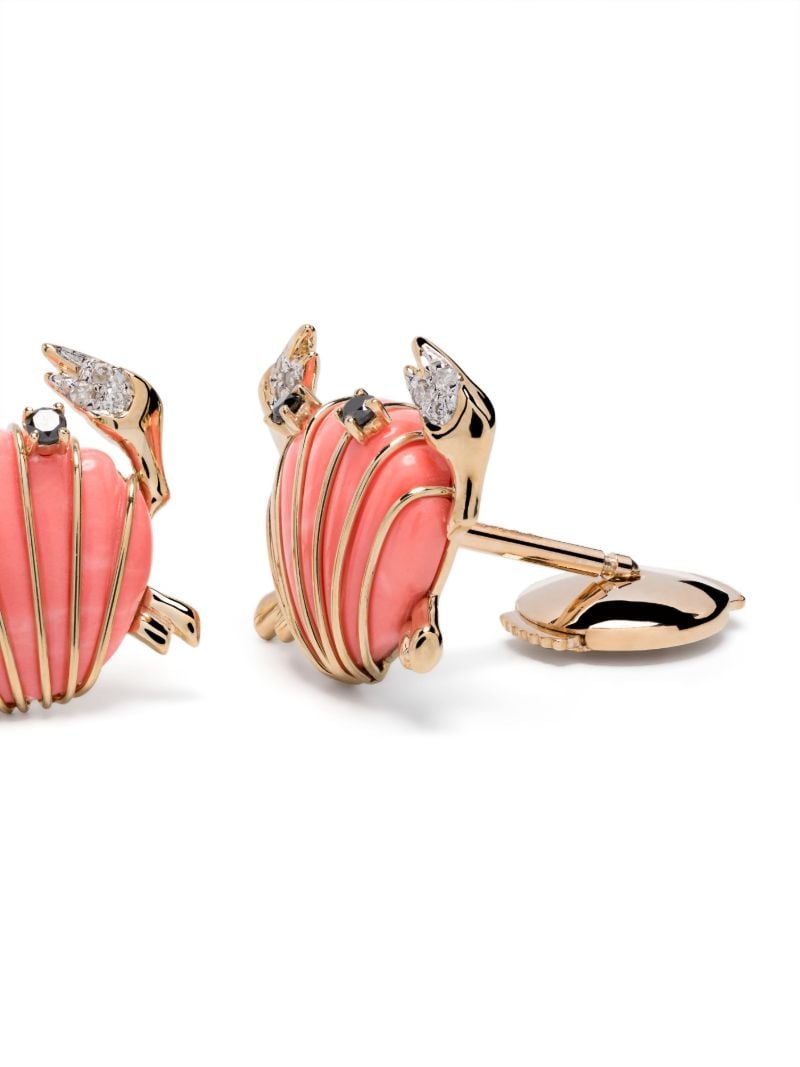 9k Yellow Gold Crabe Coquillage Coral and Diamond Earrings