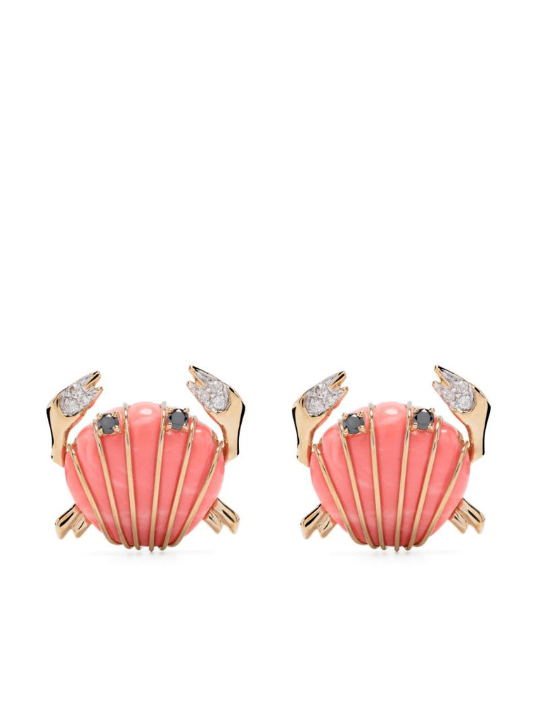9k Yellow Gold Crabe Coquillage Coral and Diamond Earrings