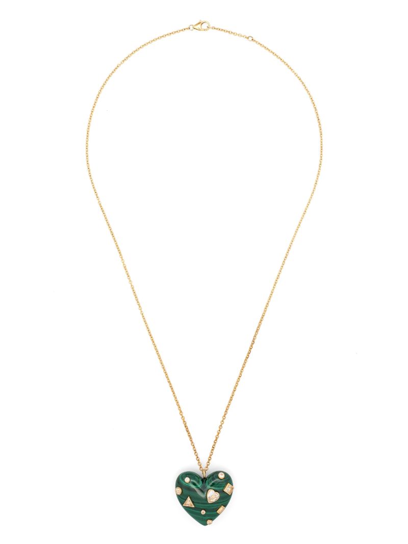 9k Yellow Gold Confetti Heart Topaz and Malachite Necklace