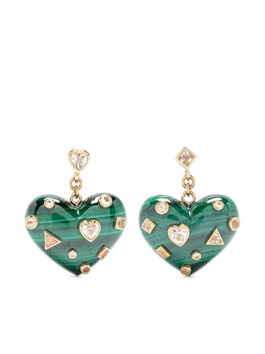 9k Yellow Gold Coeur Malachite and Diamond Earrings