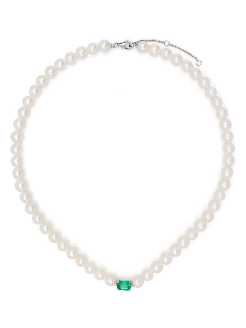 18k White Gold Collier Perles Pearl and Emerald Choker