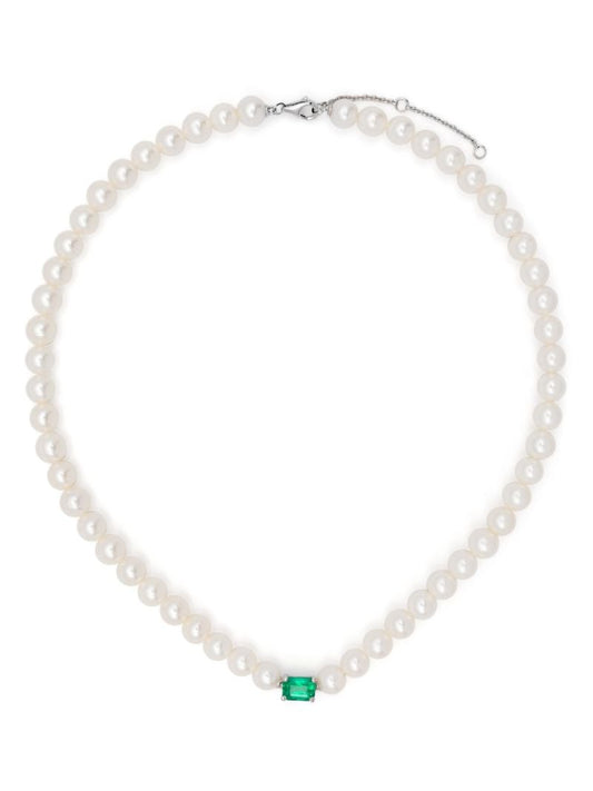 18k White Gold Collier Perles Pearl and Emerald Choker