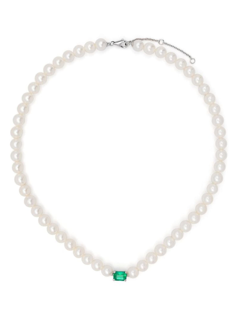 18k White Gold Collier Perles Pearl and Emerald Choker