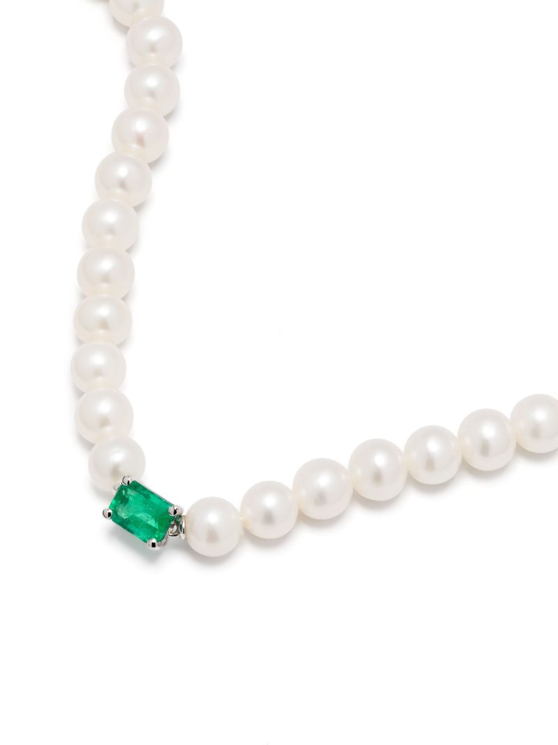 18k White Gold Collier Perles Pearl and Emerald Choker