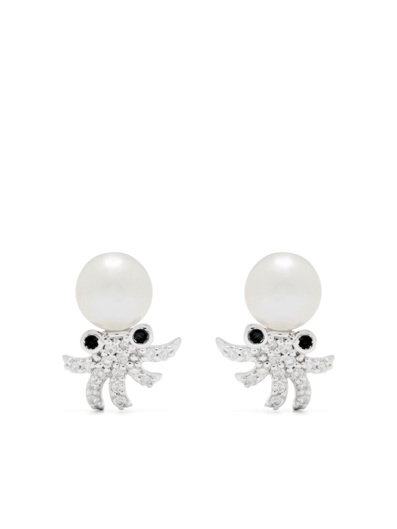 9k White Gold Octopuss Pearl and Diamond Earrings