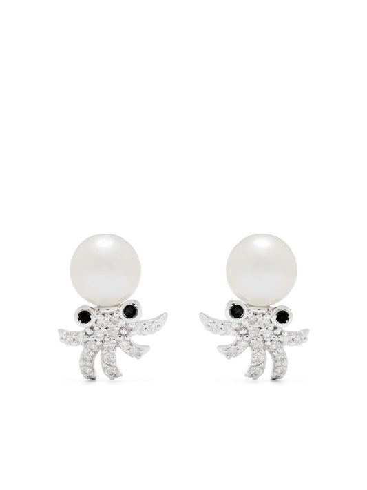 9k White Gold Octopuss Pearl and Diamond Earrings