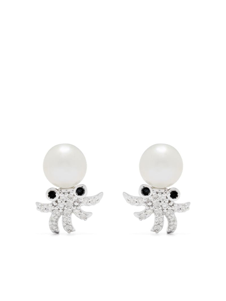 9k White Gold Octopuss Pearl and Diamond Earrings