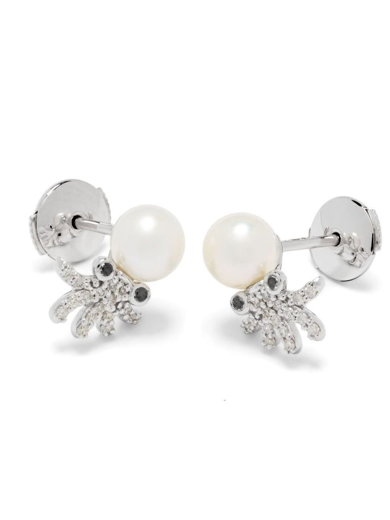 9k White Gold Octopuss Pearl and Diamond Earrings