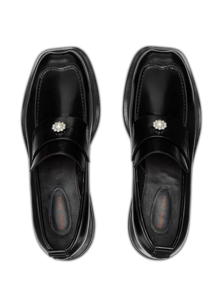 Black Flower-applique Leather Loafers