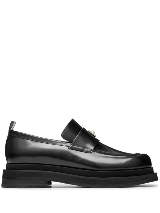 Black Flower-applique Leather Loafers