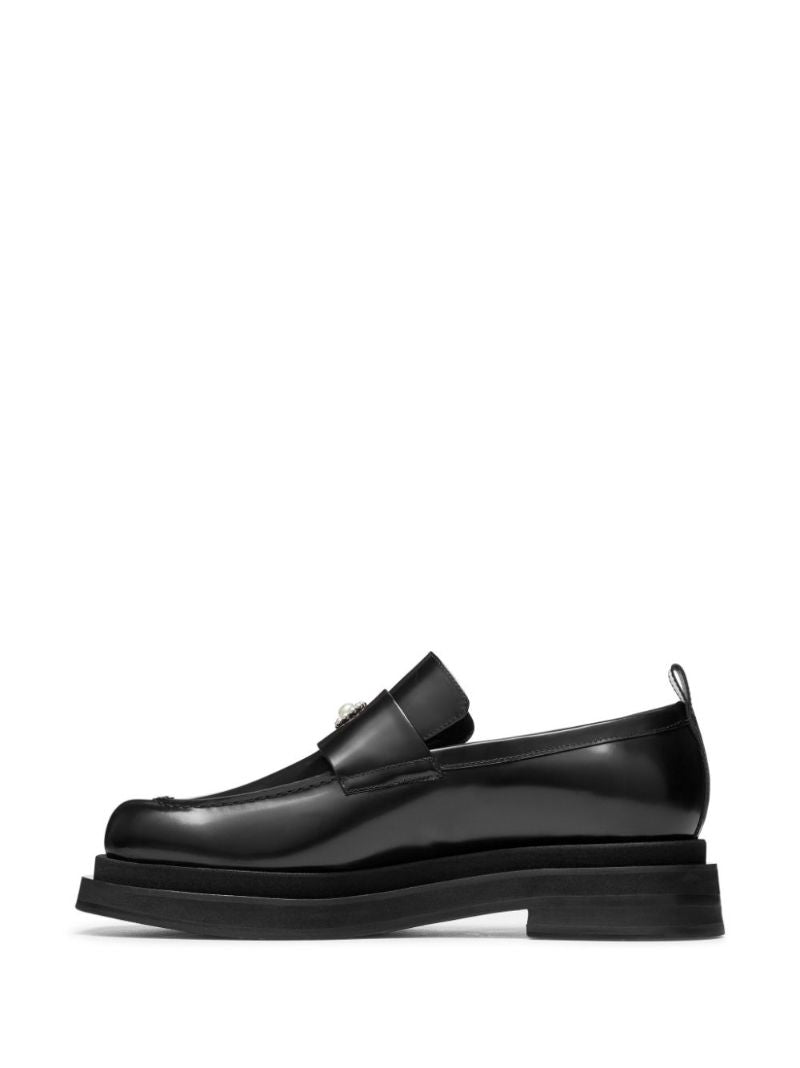 Black Flower-applique Leather Loafers