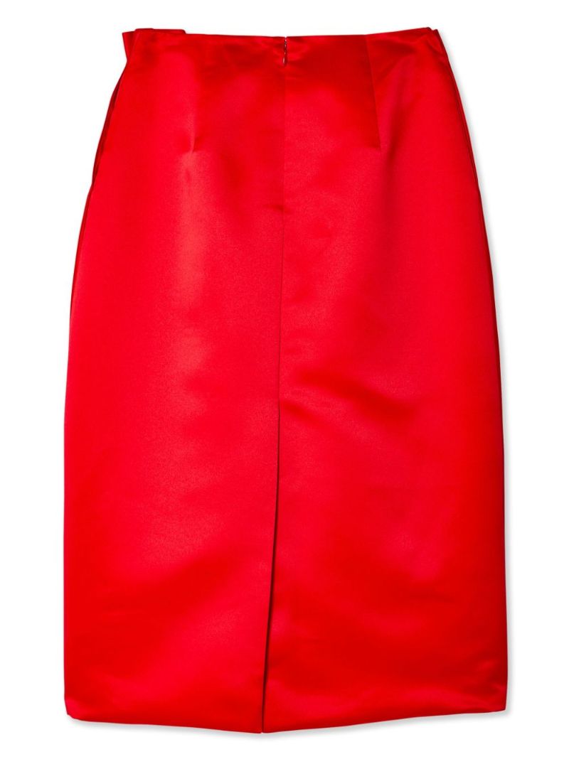 Red Pleated Satin Midi Skirt