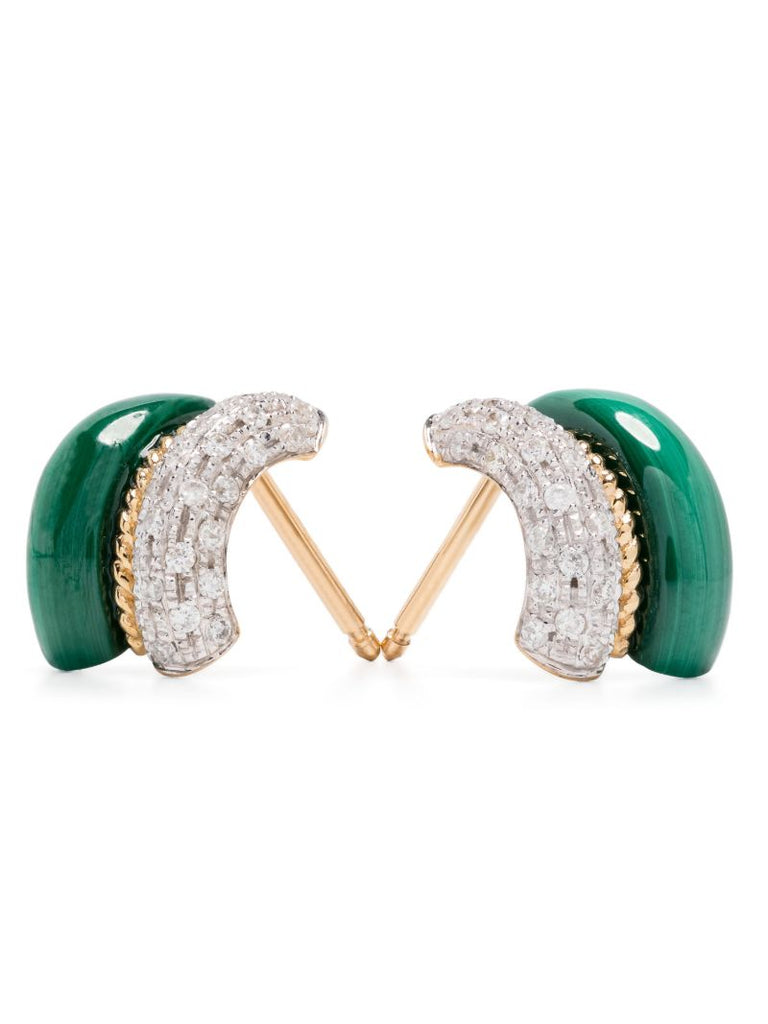 9k Yellow Gold Malachite and Diamond Hoop Earrings
