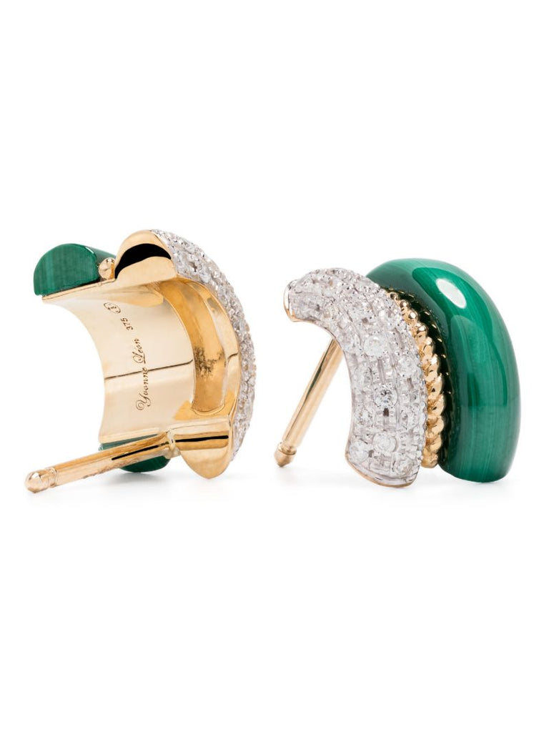 9k Yellow Gold Malachite and Diamond Hoop Earrings