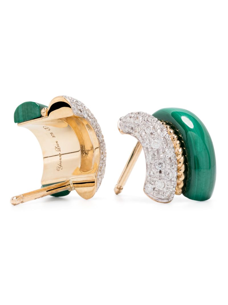 9k Yellow Gold Malachite and Diamond Hoop Earrings