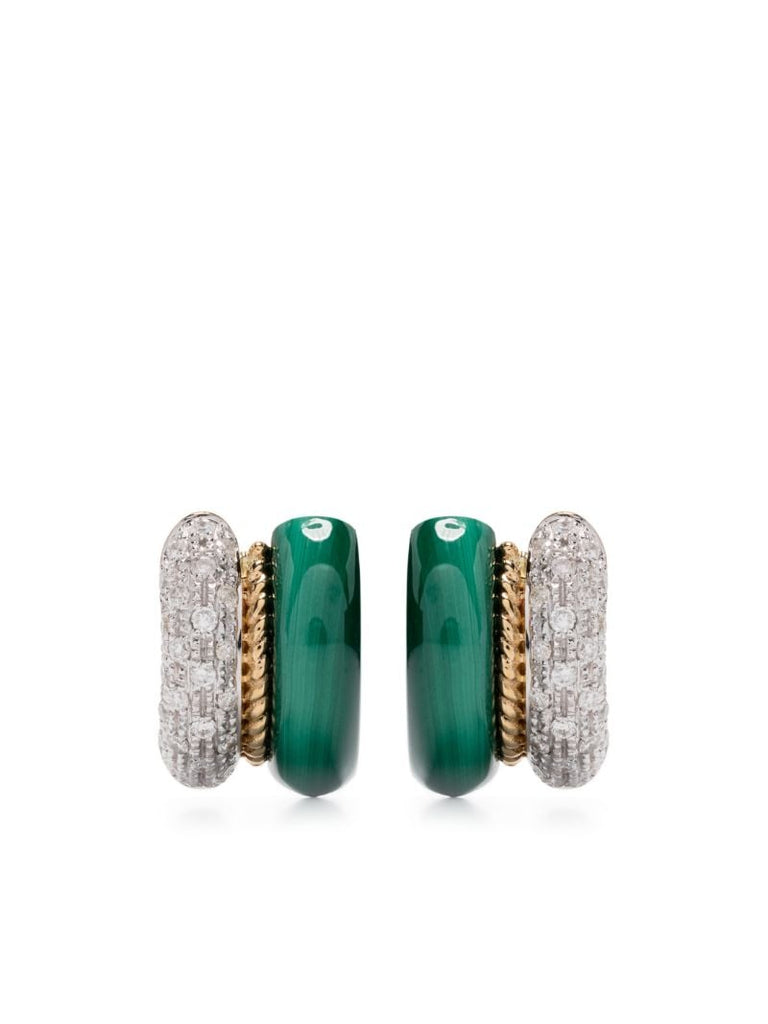 9k Yellow Gold Malachite and Diamond Hoop Earrings