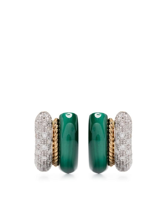 9k Yellow Gold Malachite and Diamond Hoop Earrings