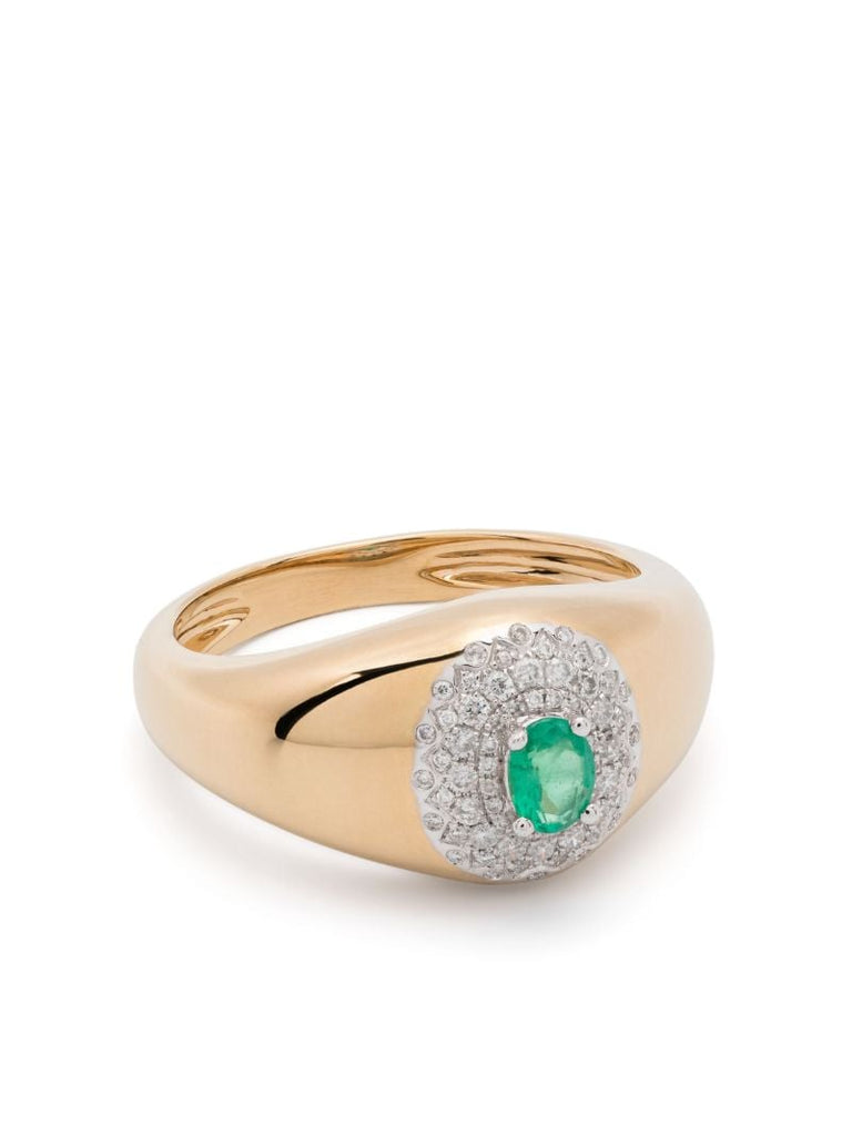 18k Yellow Gold ChevaliÃ_x0083_Â¨re Pompadour Diamond and Emerald Signet Ring