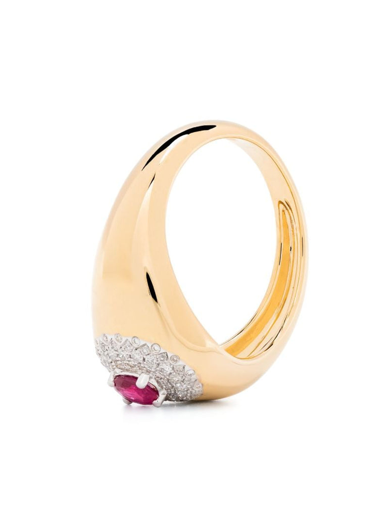 18k Yellow Gold ChevaliÃ_x0083_Â¨re Pompadour Diamond and Emerald Signet Ring