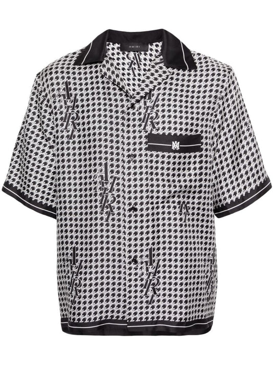Black Houndstooth Print Silk Shirt
