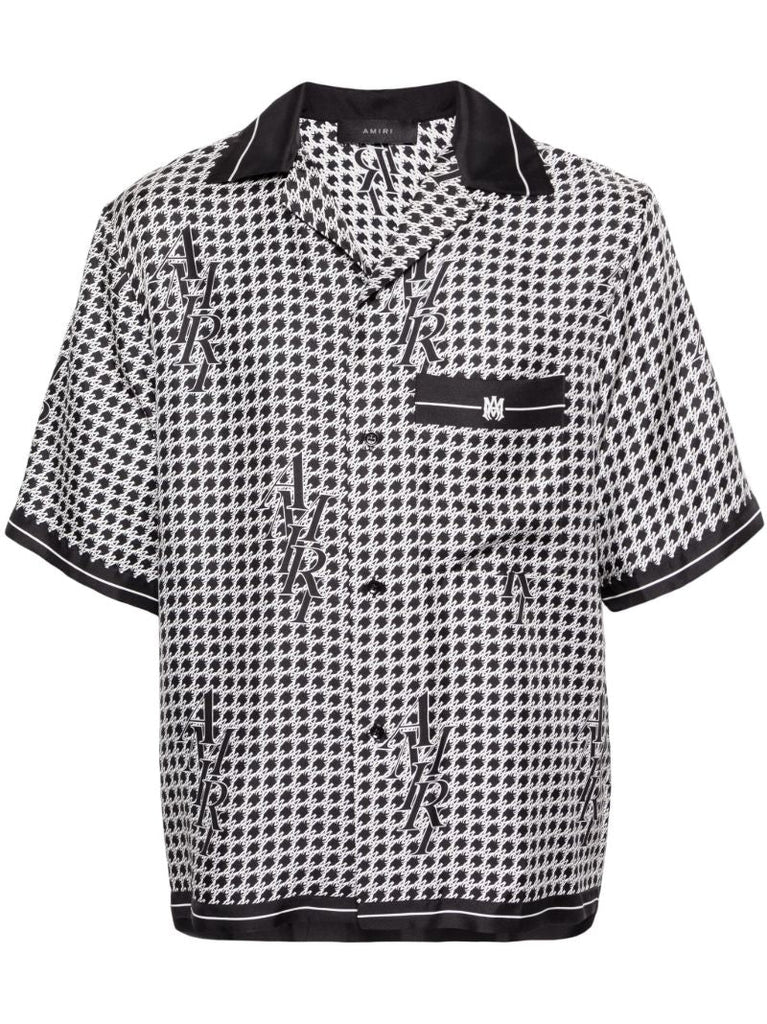 Black Houndstooth Print Silk Shirt