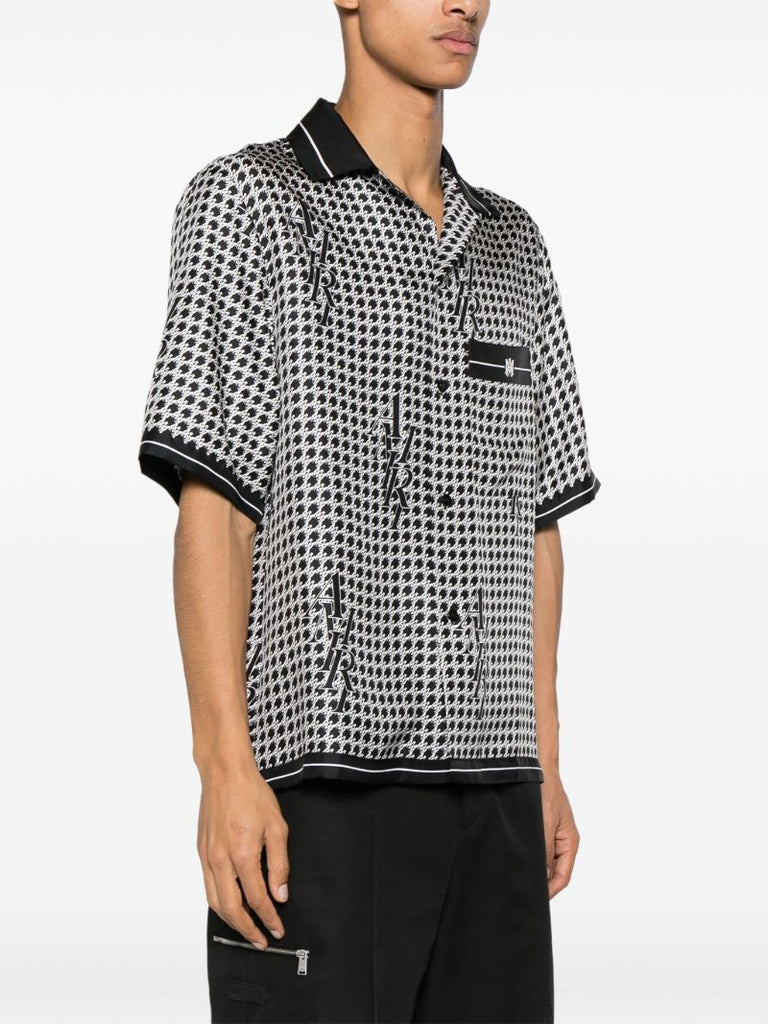 Black Houndstooth Print Silk Shirt