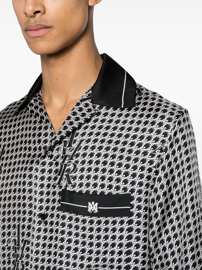 Black Houndstooth Print Silk Shirt