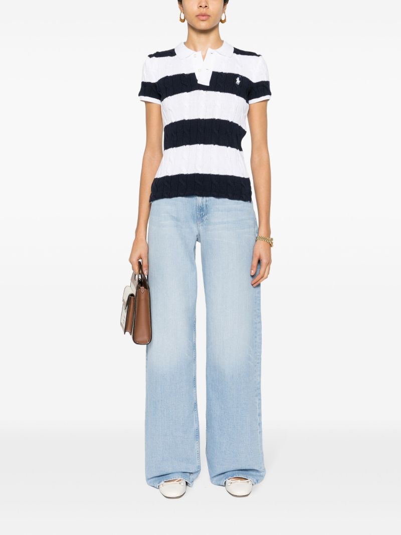 Blue and White Cable-knit Cotton Polo Top
