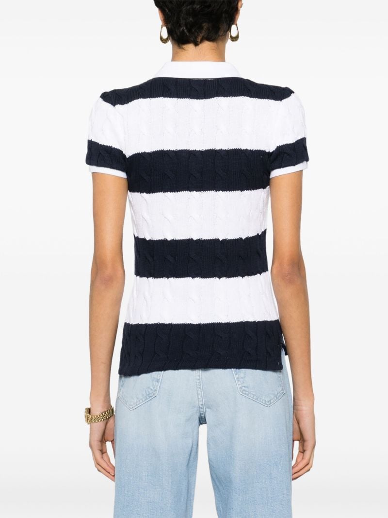 Blue and White Cable-knit Cotton Polo Top