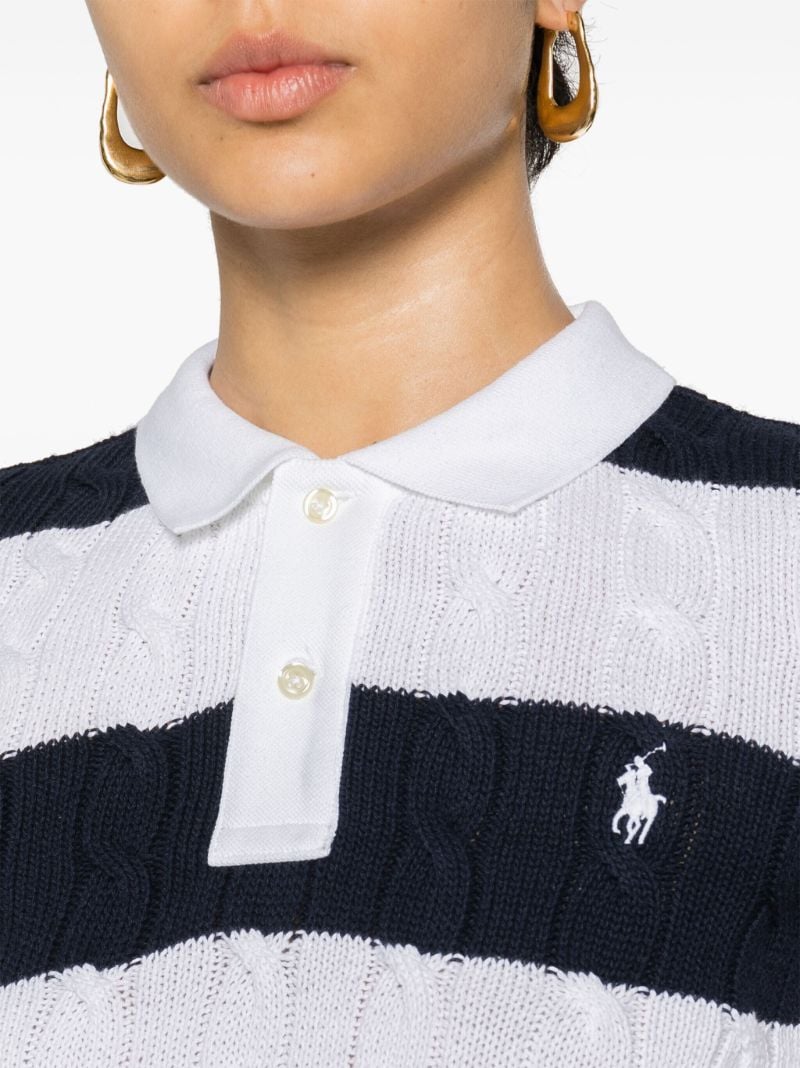 Blue and White Cable-knit Cotton Polo Top