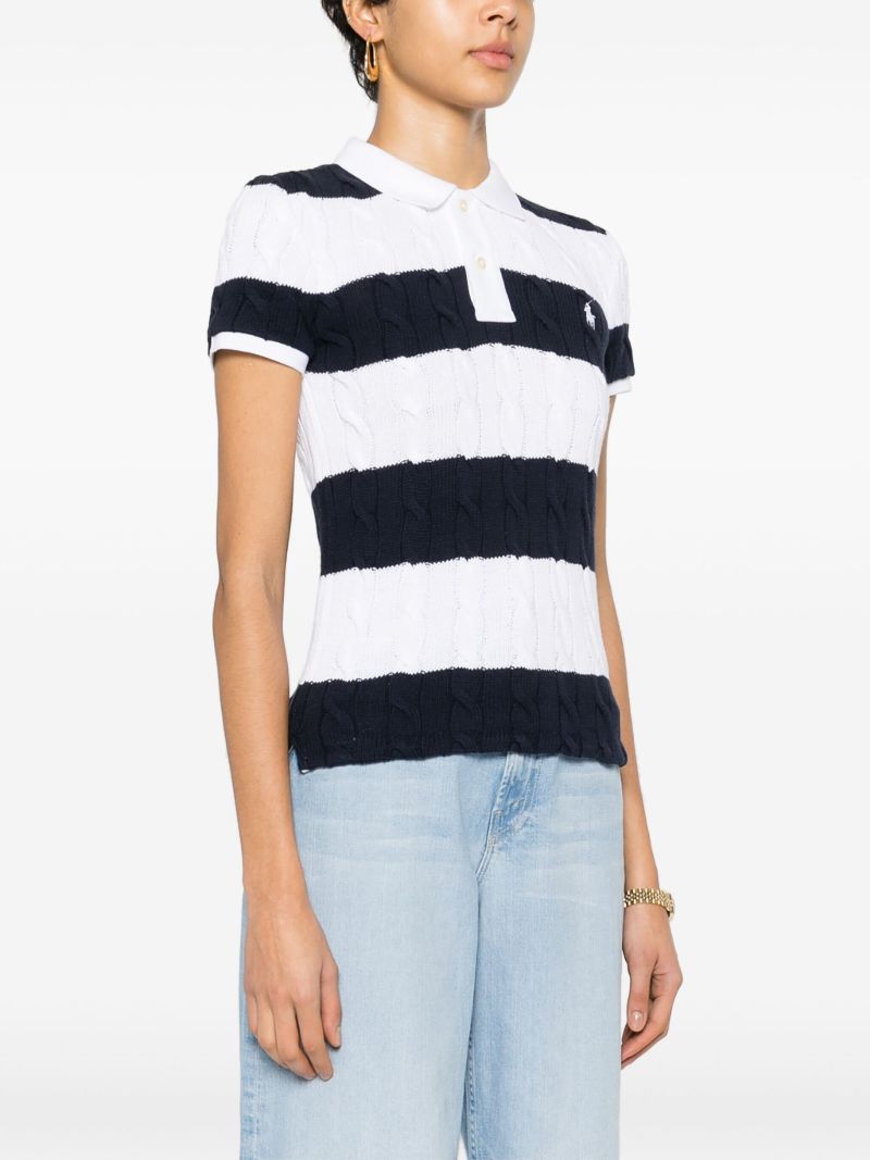 Blue and White Cable-knit Cotton Polo Top