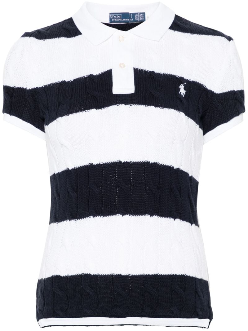 Blue and White Cable-knit Cotton Polo Top