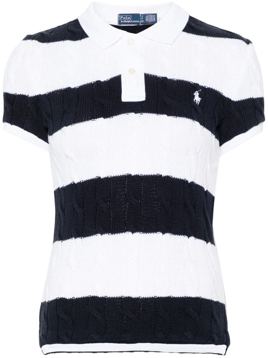 Blue and White Cable-knit Cotton Polo Top