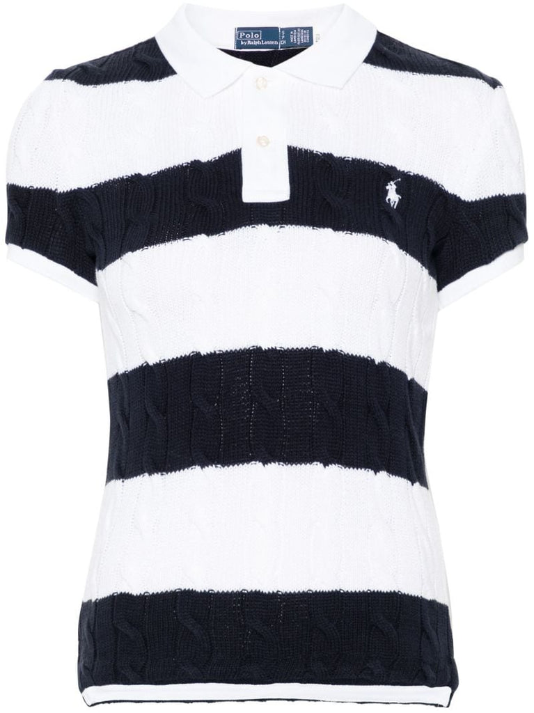 Blue and White Cable-knit Cotton Polo Top