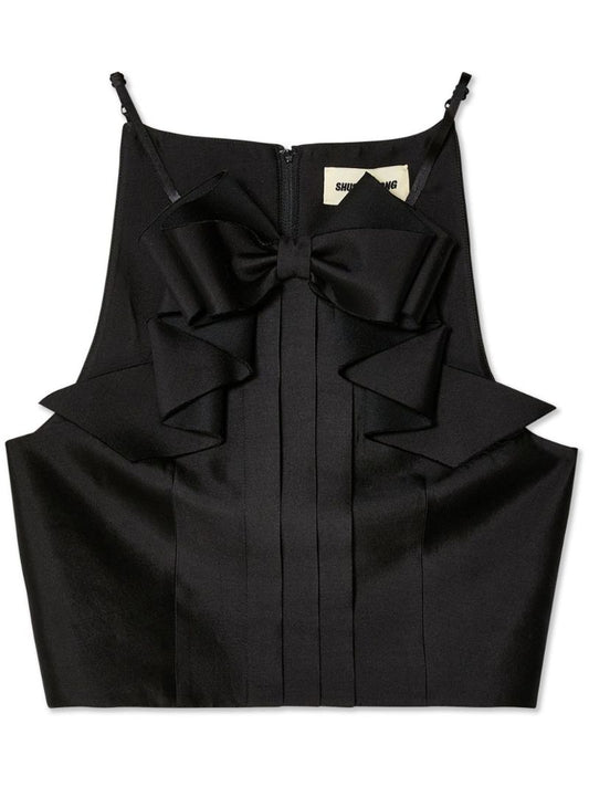 Black Bow Pleated Crop Top