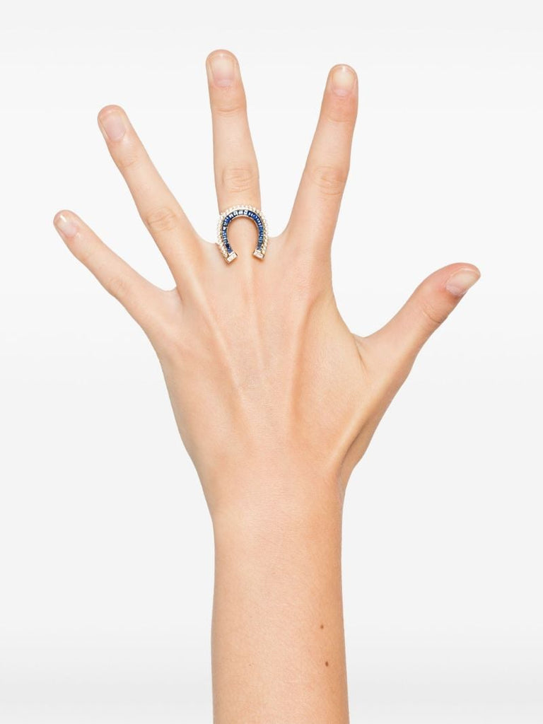 18k Yellow Gold Horseshoe Diamond and Sapphire Ring
