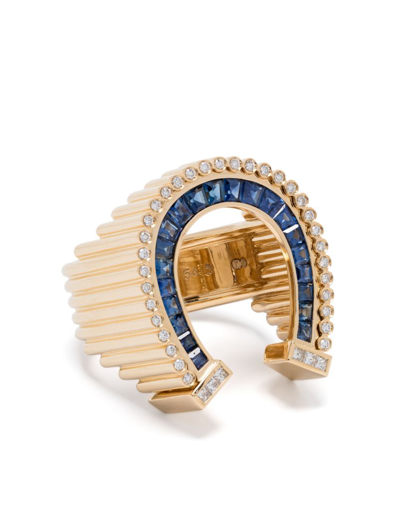 18k Yellow Gold Horseshoe Diamond and Sapphire Ring