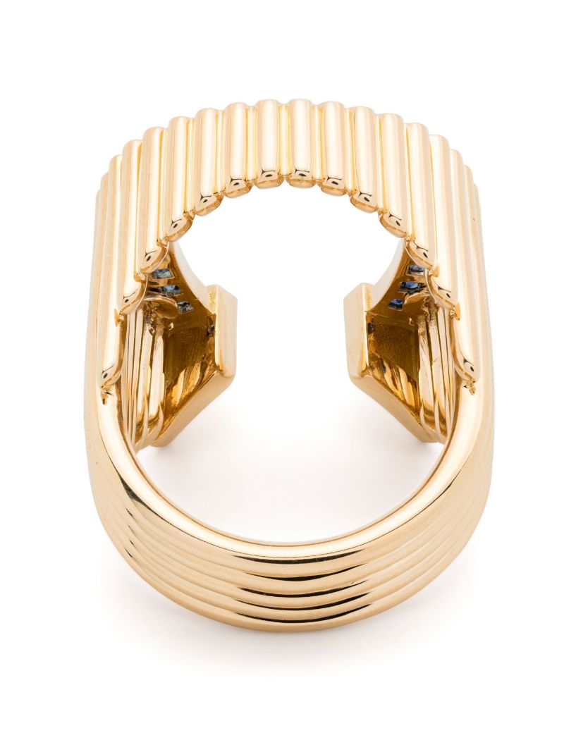 18k Yellow Gold Horseshoe Diamond and Sapphire Ring