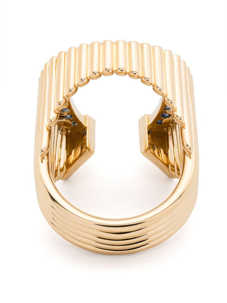 18k Yellow Gold Horseshoe Diamond and Sapphire Ring