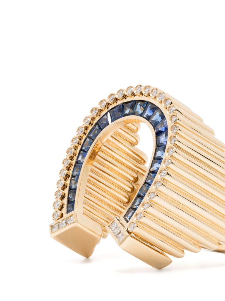 18k Yellow Gold Horseshoe Diamond and Sapphire Ring
