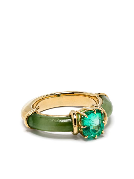 18k Yellow Gold Marina Jade and Emerald Ring