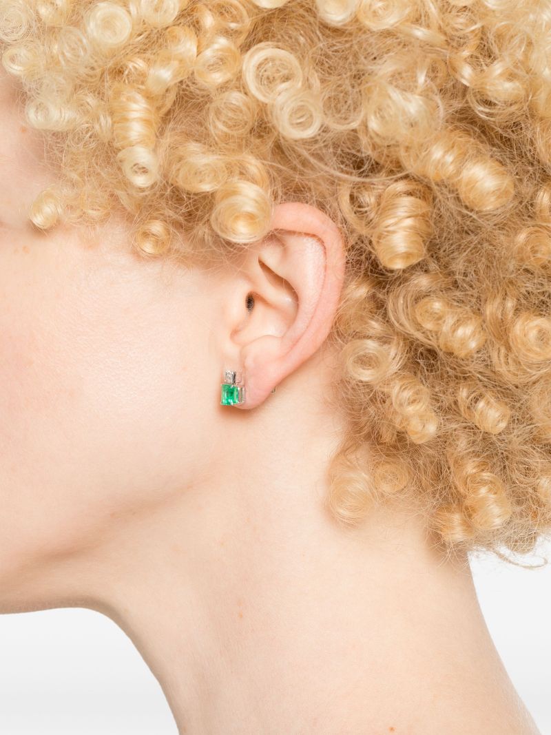 18k White Gold Agnes Emerald and Diamond Stud Earrings