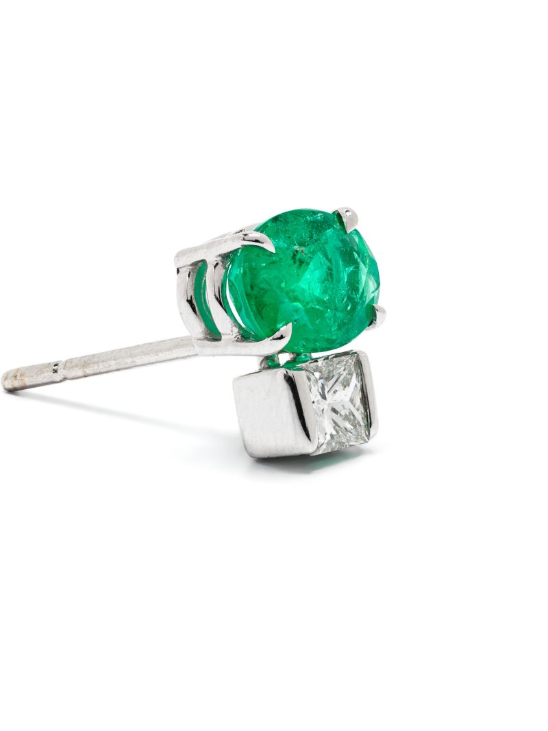 18k White Gold Agnes Emerald and Diamond Stud Earrings