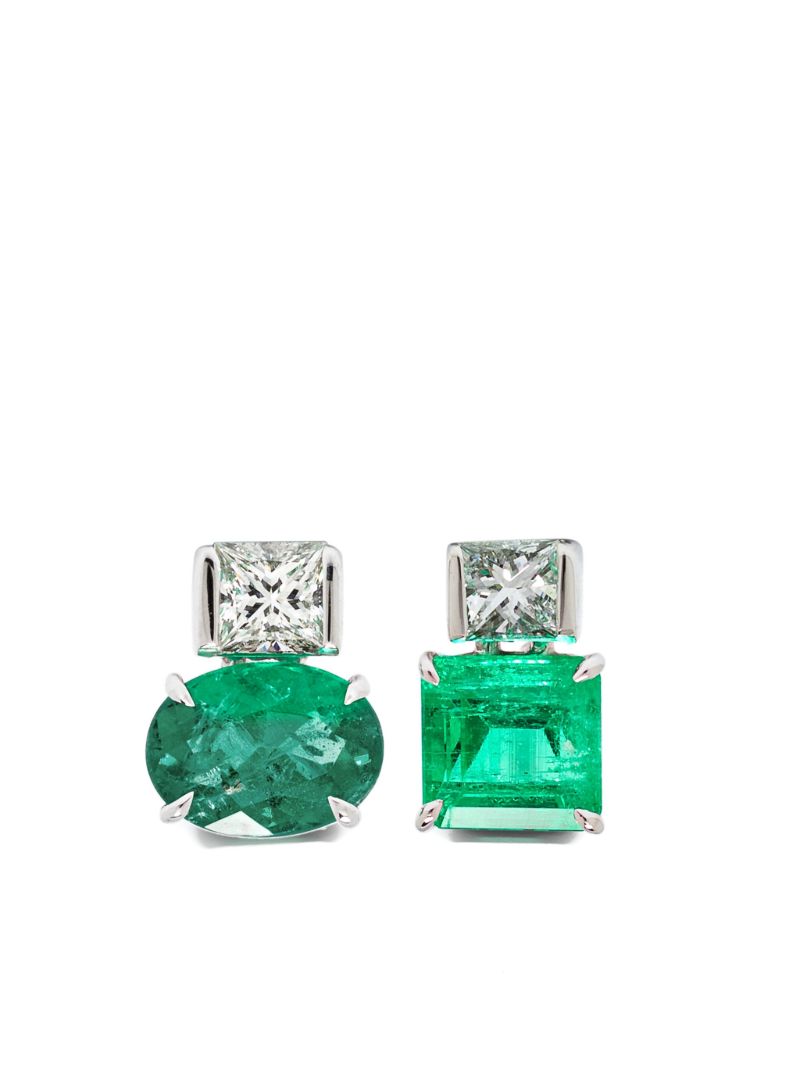 18k White Gold Agnes Emerald and Diamond Stud Earrings