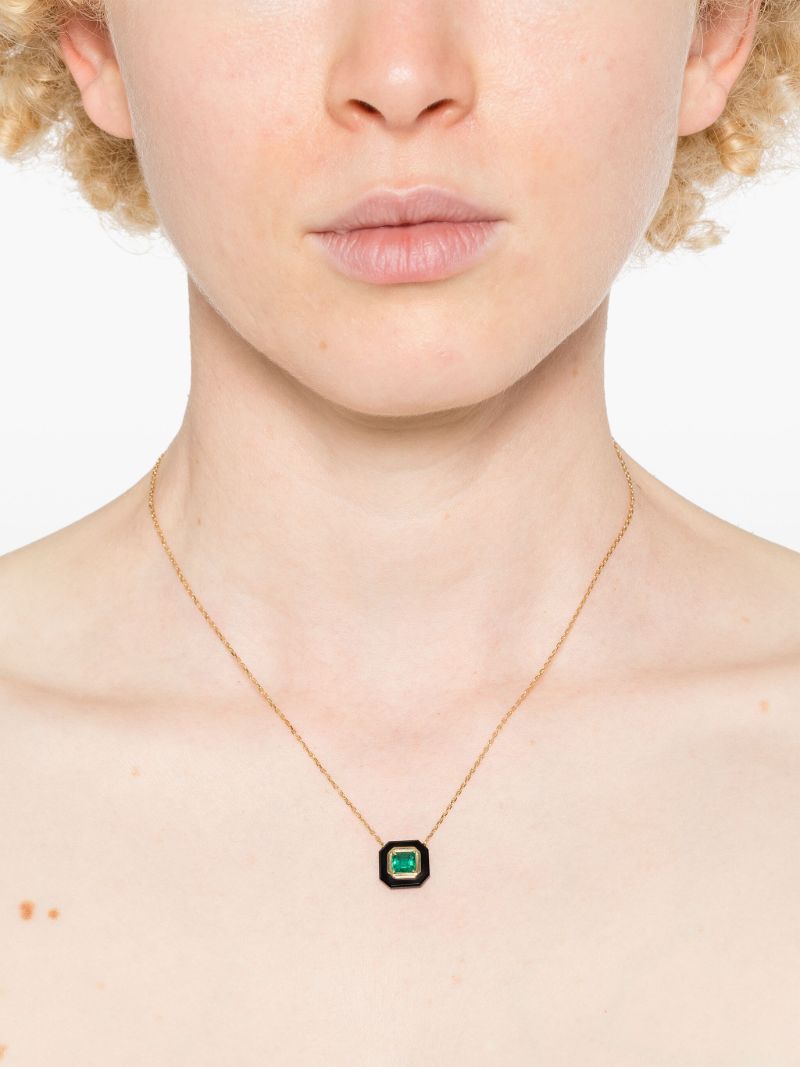 18k Yellow Gold Frame Emerald and Diamond Necklace