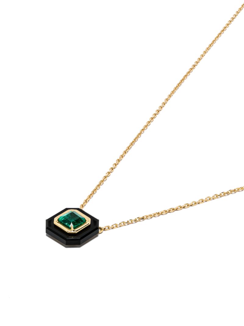 18k Yellow Gold Frame Emerald and Diamond Necklace